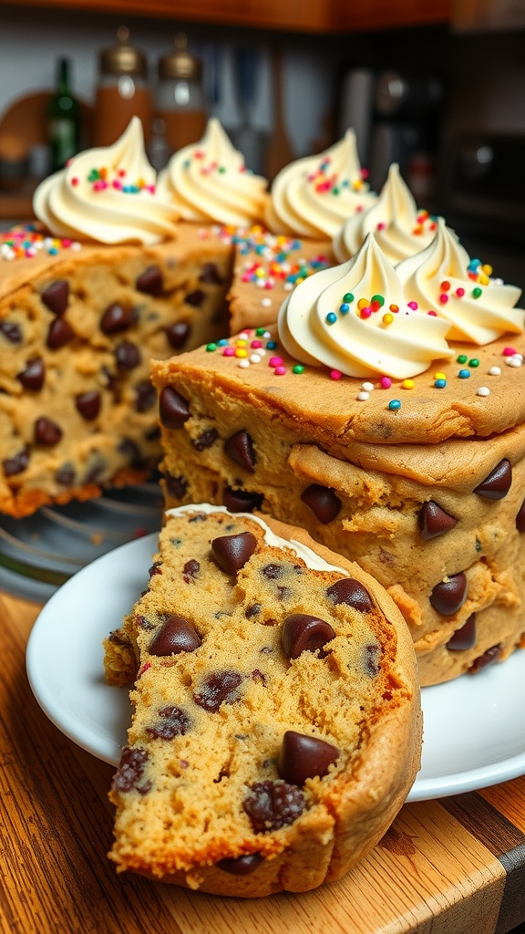 A soft and chewy cookie cake topped with frosting and sprinkles, displayed on a rustic wooden table.